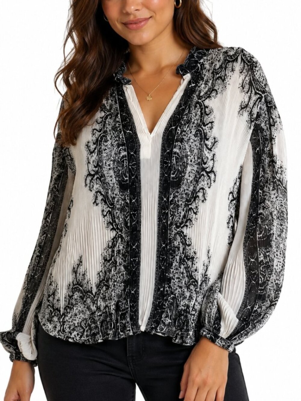 Forever That Girl Anthropologie Accordion Pleated Black Taupe Baroque Blouse
